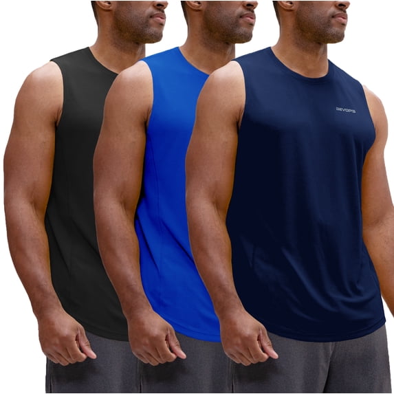 DEVOPS 3 Pack Men's Muscle Shirts Sleeveless dry Fit Gym Workout Tank Top (Small, Black/Blue/Navy)