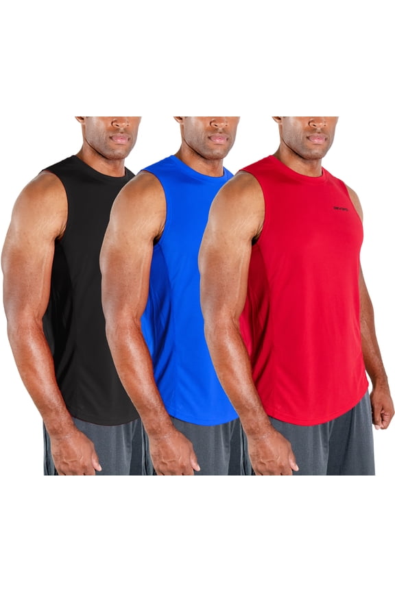 3 Pack Men's Muscle Shirts Sleeveless dry Fit Gym Workout Tank Top (Small, Black/Blue/Red)
