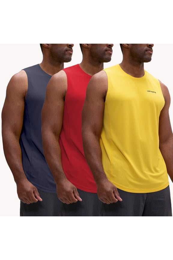 3 Pack Men's Muscle Shirts Sleeveless dry Fit Gym Workout Tank Top (X-Large, Charcoal/Red/Yellow)