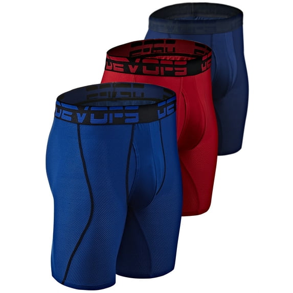 DEVOPS 3 Pack Men's Perfomance Cool Dry Mesh Underwear Boxer Trunk 9-inch Brief (Large, Navy/Blue/Red)