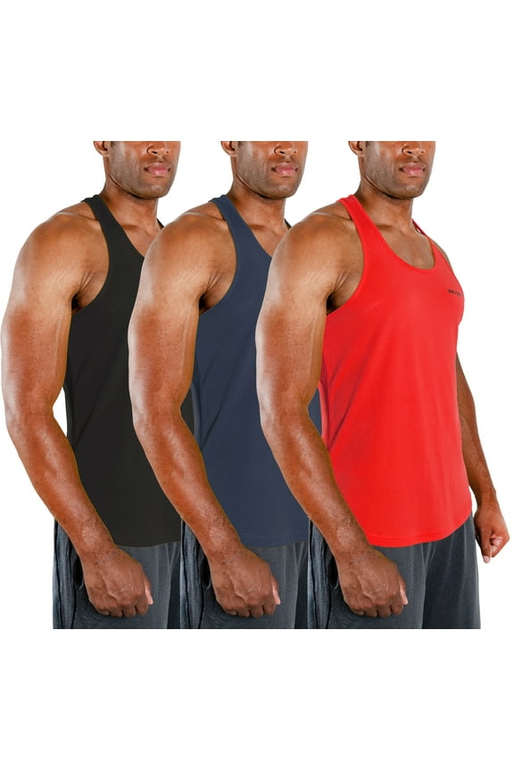 3 Pack Men's Y-Back dry Fit Muscle Gym Workout Tank Top (Large, Black/Charcoal/Red)