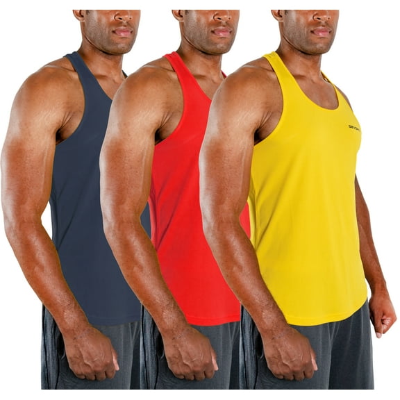 DEVOPS 3 Pack Men's Y-Back dry Fit Muscle Gym Workout Tank Top (Large, Charcoal/Red/Yellow)