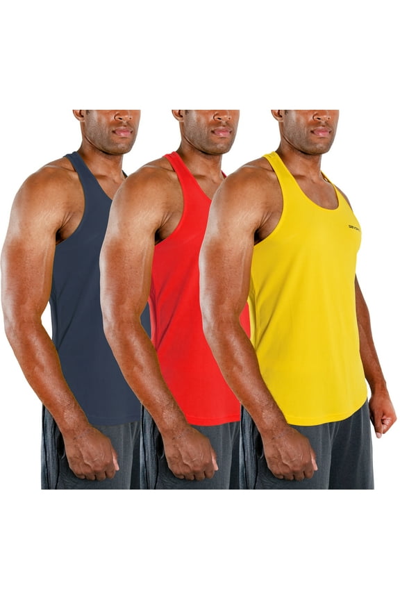 3 Pack Men's Y-Back dry Fit Muscle Gym Workout Tank Top (Large, Charcoal/Red/Yellow)
