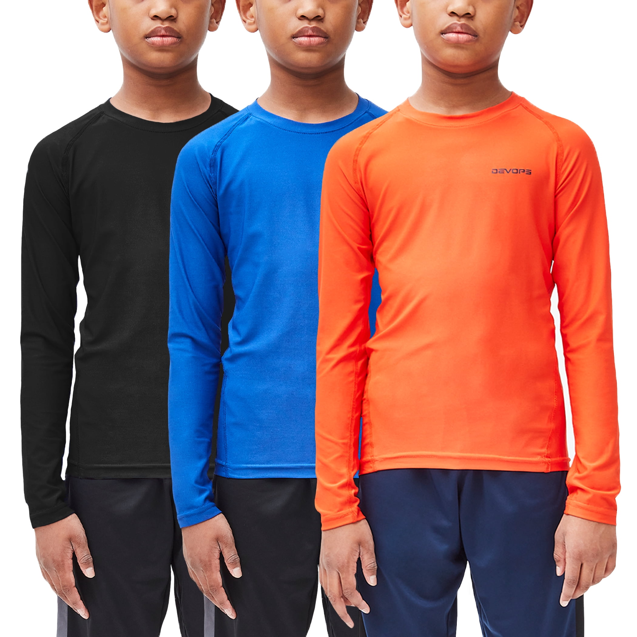 DEVOPS 3 Pack Youth Boys Compression Athletic Performance Baselayer Long Sleeve Shirts Large Black Blue Orange Walmart