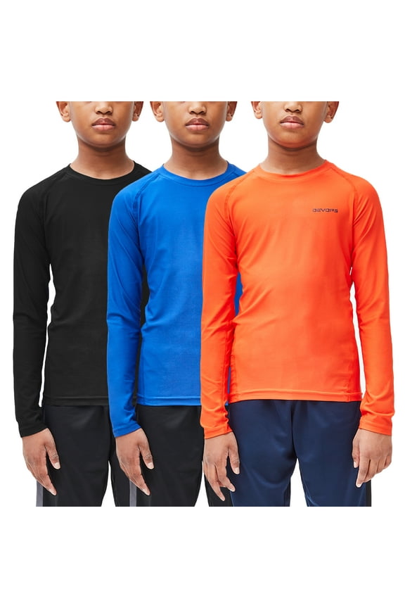 3 Pack Youth Boys Compression Athletic Performance Baselayer Long Sleeve Shirts (Large, Black/Blue/Orange)