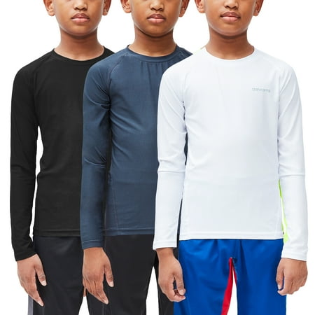 DEVOPS 3 Pack Youth Boys Compression Athletic Performance Baselayer Long Sleeve Shirts (Large, Black/White/Charcoal)
