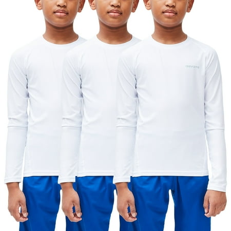 DEVOPS 3 Pack Youth Boys Compression Athletic Performance Baselayer Long Sleeve Shirts (Large, White/White/White)