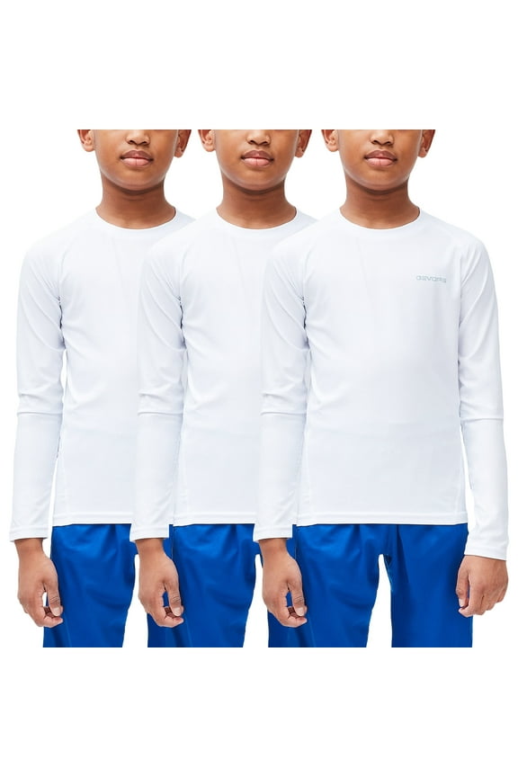 3 Pack Youth Boys Compression Athletic Performance Baselayer Long Sleeve Shirts (Medium, White/White/White)