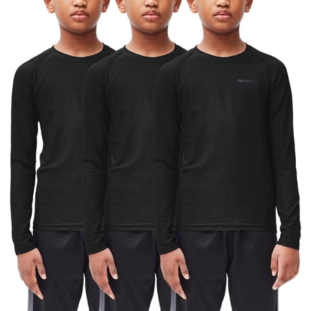 DEVOPS 3 Pack Youth Boys Compression Athletic Performance Baselayer Long Sleeve Shirts (Small, Black/Black/Black)