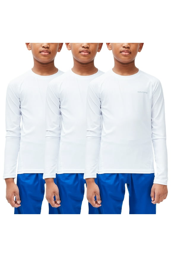 3 Pack Youth Boys Compression Athletic Performance Baselayer Long Sleeve Shirts (Small, White/White/White)