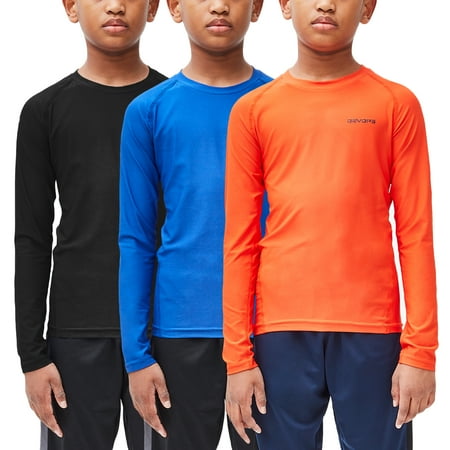 DEVOPS 3 Pack Youth Boys Compression Athletic Performance Baselayer Long Sleeve Shirts (X-Small, Black/Blue/Orange)