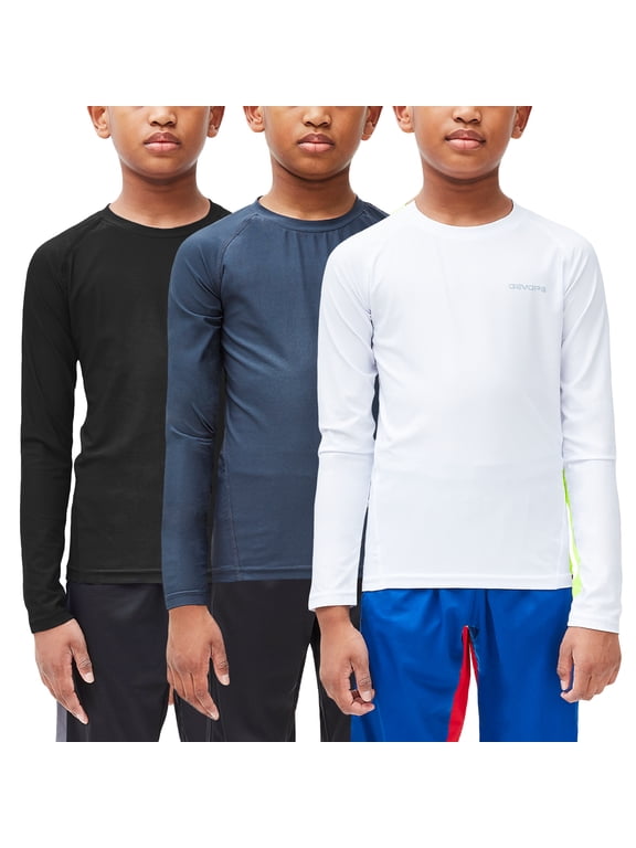 3 Pack Youth Boys Compression Athletic Performance Baselayer Long Sleeve Shirts (X-Small, Black/White/Charcoal)