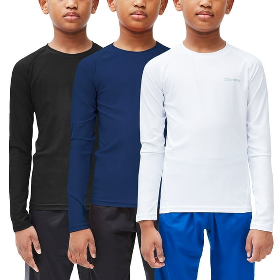 DEVOPS 3 Pack Youth Boys Compression Athletic Performance Baselayer Long Sleeve Shirts (X-Small, Black/White/Navy)