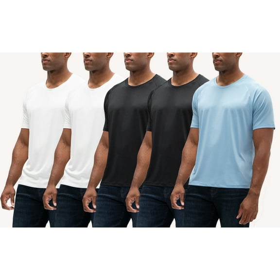 DEVOPS 5 Pack Men's UPF 50+ Sun Protection Moisture Wicking Dry-Fit Short Sleeve Workout T-Shirts (2X-Large, White/White/Black/Black/Lt.Blue)