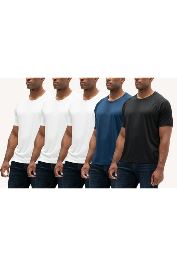 5 Pack Men's UPF 50+ Sun Protection Moisture Wicking Dry-Fit Short Sleeve Workout T-Shirts (2X-Large, White/White/White/Navy/Black)