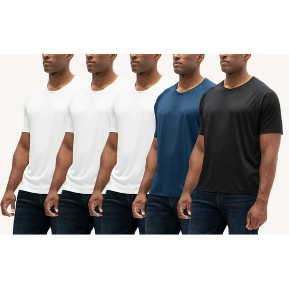 DEVOPS 5 Pack Men's UPF 50+ Sun Protection Moisture Wicking Dry-Fit Short Sleeve Workout T-Shirts (Small, White/White/White/Navy/Black)