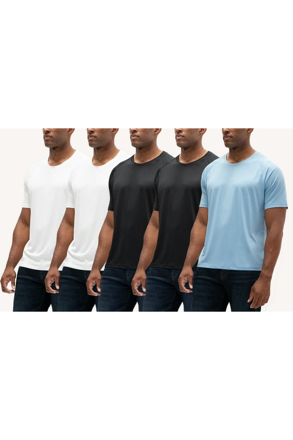 5 Pack Men's UPF 50+ Sun Protection Moisture Wicking Dry-Fit Short Sleeve Workout T-Shirts (X-Large, White/White/Black/Black/Lt.Blue)