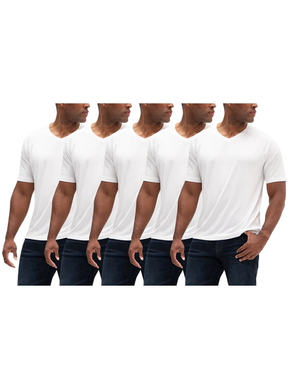 5 Pack Men's UPF 50+ Sun Protection Moisture Wicking Dry-Fit Short Sleeve Workout V-Neck Shirts (2X-Large, White/White/White/White/White)