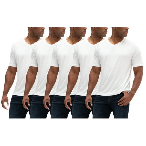 DEVOPS 5 Pack Men's UPF 50+ Sun Protection Moisture Wicking Dry-Fit Short Sleeve Workout V-Neck Shirts (Large, White/White/White/White/White)