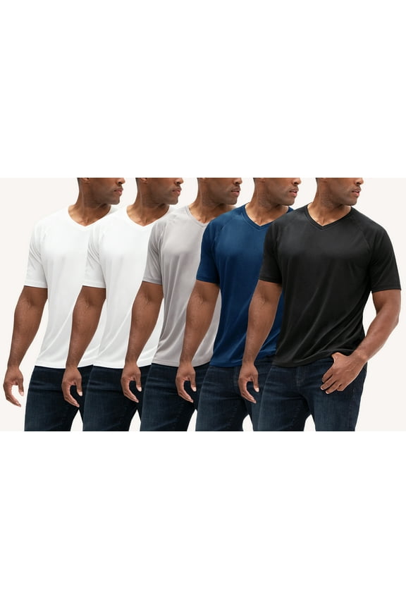 5 Pack Men's UPF 50+ Sun Protection Moisture Wicking Dry-Fit Short Sleeve Workout V-Neck Shirts (Medium, White/White/Graphite/Navy/Black)
