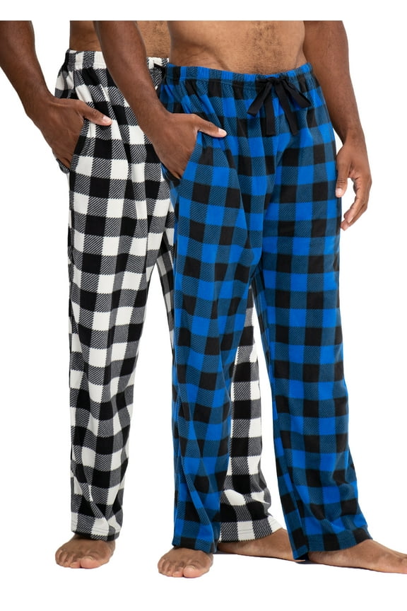 Buffalo Plaid Plush Fleece Pajama Pants Men's, Large, White/Blue