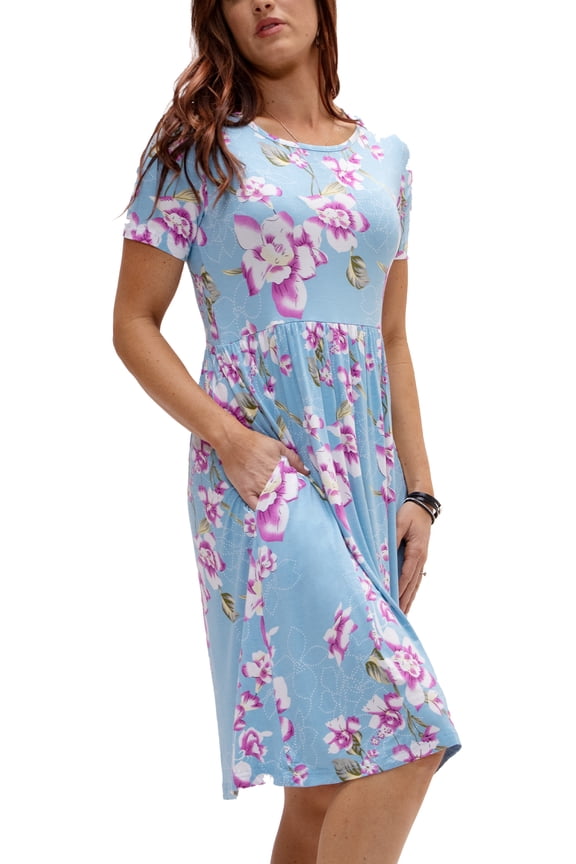 Women's Casual Short Sleeve Daily T-Shirt Mini Top Dress with Pockets (Small, Flower Light Blue)