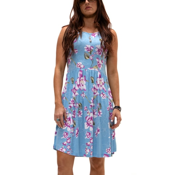 DEVOPS Women's Casual Sleeveless Daily T-Shirt Short Mini Top Dress with Pockets (Medium, Flower Light Blue)