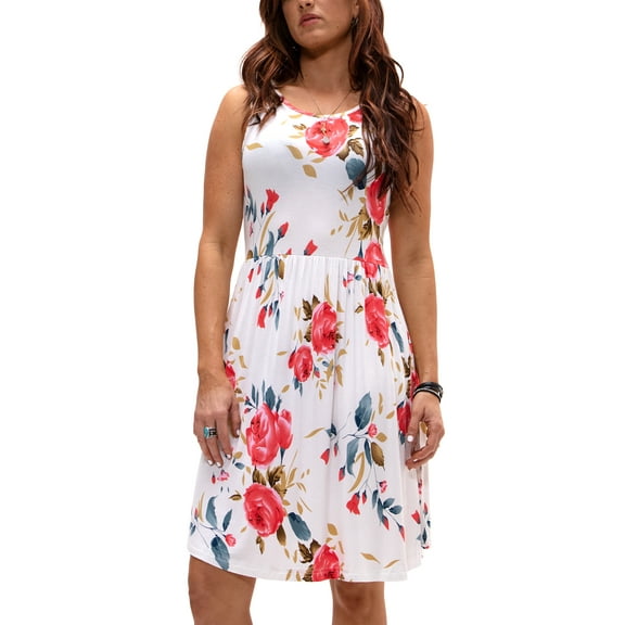 DEVOPS Women's Casual Sleeveless Daily T-Shirt Short Mini Top Dress with Pockets (Small, Floral White)