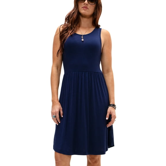 DEVOPS Women's Casual Sleeveless Daily T-Shirt Short Mini Top Dress with Pockets (Small, Navy Blue)