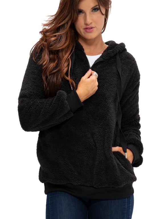 Women's Pullover Fuzzy Fleece Sweatshirt Oversized Hoodie with Pockets (X-Small, Black)