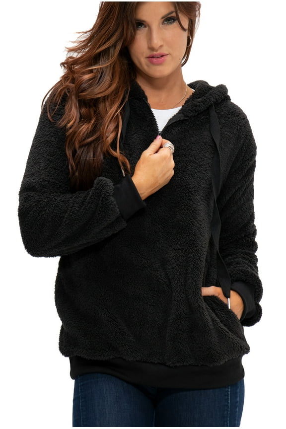 Women's Pullover Fuzzy Fleece Sweatshirt Oversized Hoodie with Pockets (X-Small, Black)
