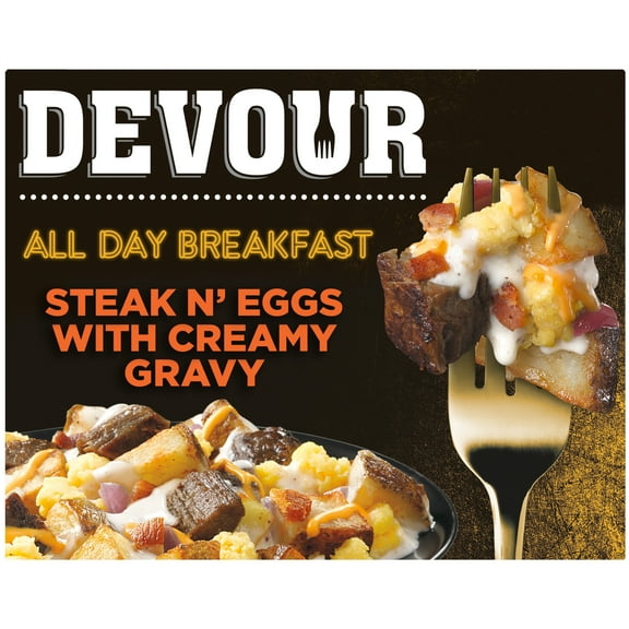 DEVOUR All Day Breakfast Steak N' Eggs with Smoked Bacon, Potatoes, Cheddar Cheese & Creamy Gravy Frozen Meal, 9 oz Box
