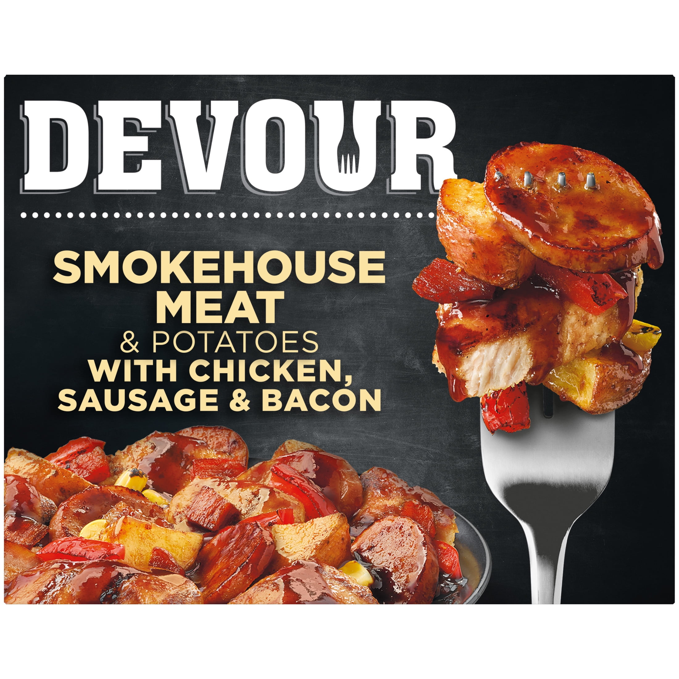 DEVOUR Smokehouse Meat & Potatoes with Chicken, Sausage & Bacon in Memphis Style BBQ Sauce Frozen Meal, 9.8 oz Box