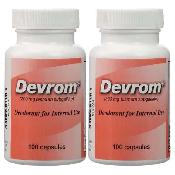 DEVROM Internal Deodorant | Fast Acting Flatulence Deodorizer | 200mg Bismuth Subgallate | 100 Capsules | 2PK