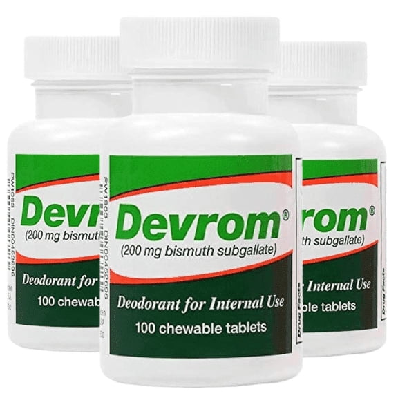Devrom 200mg Bismuth Subgallate Internal Deodorant Tablets for Flatulence and Stool Odor, 100 Count, 3 Pack