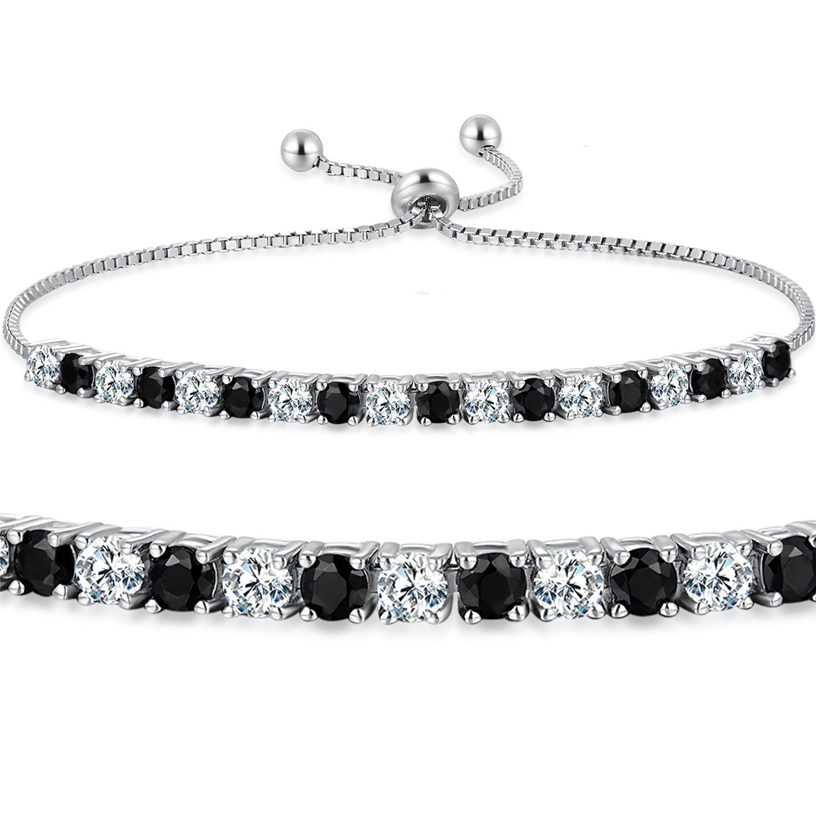 MABELLA DEVUGGO Women 925 Sterling Silver Adjustable Tennis Bracelet Black & White CZ Jewelry Gifts
