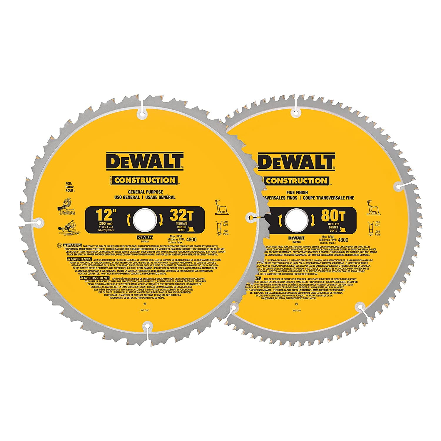 DEWALT 12-Inch Miter Saw Blade, Crosscutting, Tungsten Carbide, 80-Tooth, 2- Pack (DW3128P5) Saw Blade Pack, 12 In., 80 T
