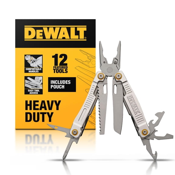 DEWALT 12-in-1 Multitool with Pliers, Knife, Saw, Screwdrivers, Bottle & Can Opener Stainless Steel Folding Pocket Tool with Sheath & Belt Clip for Construction, Trades & Jobsite Use