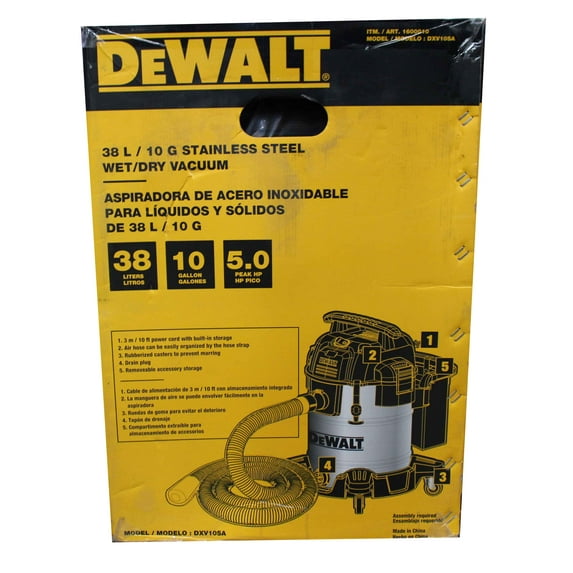 DEWALT 38L, 5.0 HP, Electric Corded, Stainless Steel Wet/Dry Vacuum Cleaner, Black