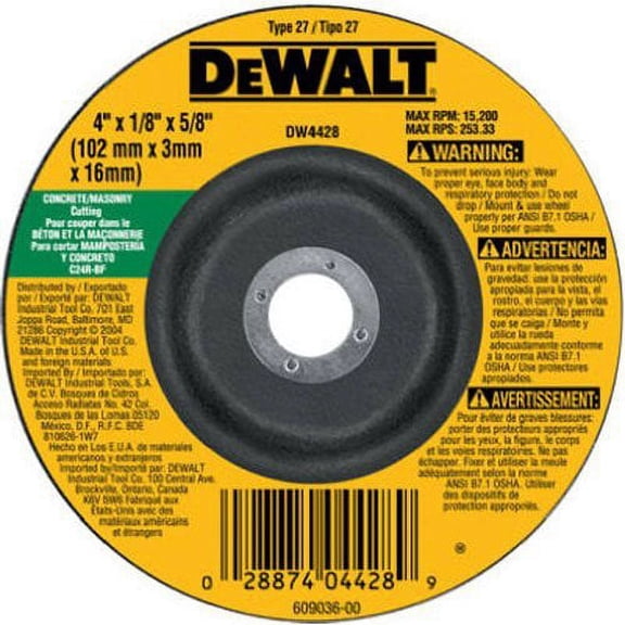 DEWALT Concrete/Masonry Cutting Wheel DW4428 - 4in Cutting Wheel for Concrete - 4" x 1/8" x 5/8"