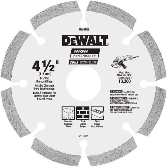 DEWALT DW4782 Segmented Rim Diamond Saw Blade HP 4-1/2" D X 5/8 and 7/8" Steel Gray