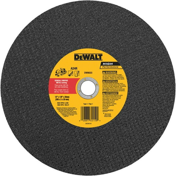 DEWALT DW8023 Cutting Wheel, 12 in Dia, 1/8 in Thick, 20 in Arbor, 24 Grit, Aluminum Oxide Abrasive