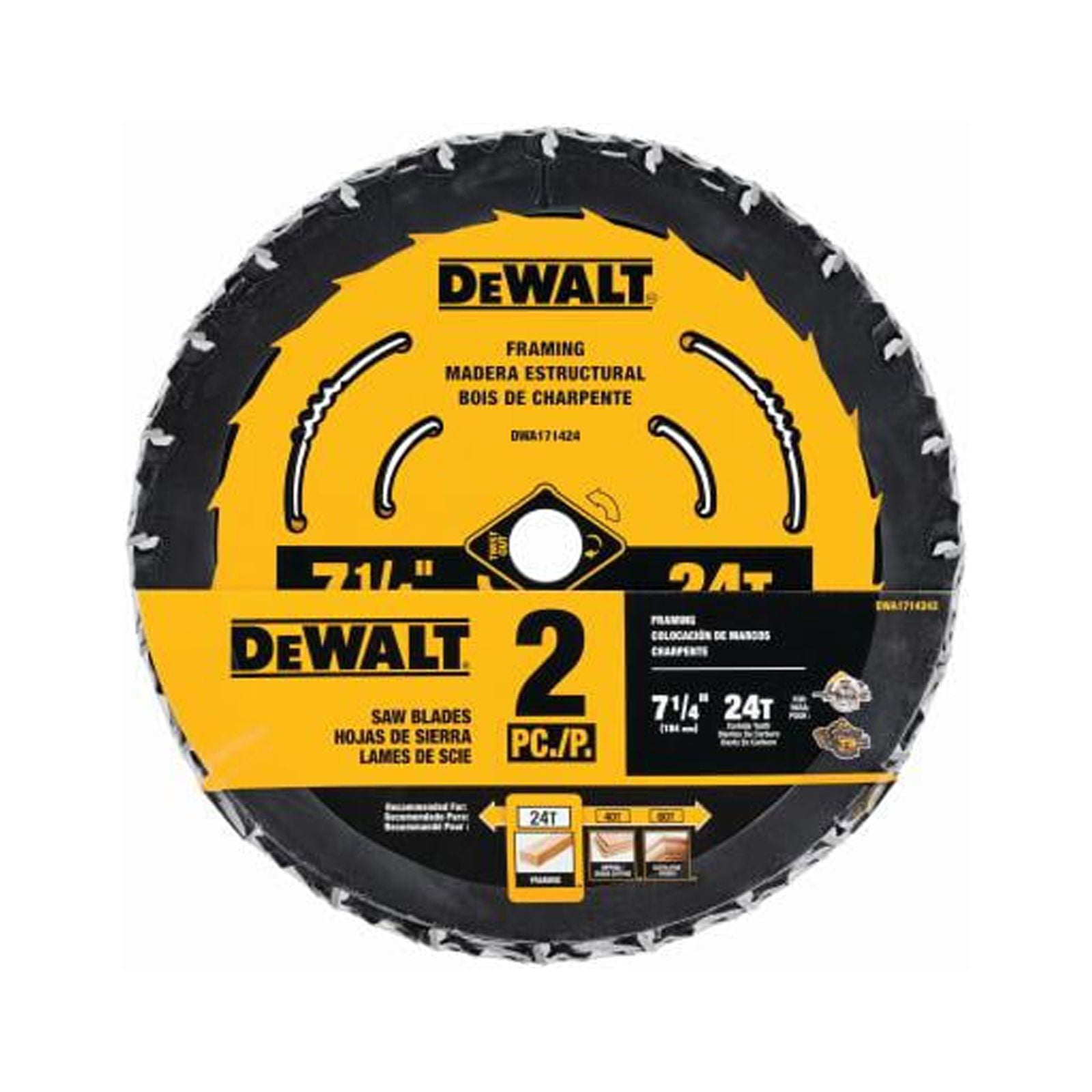 DEWALT DWA1714242 Circular Saw Blade, 7-1/4 in Dia x 0.039 in THK, 5/8 in Arbor, Tungsten Carbide Blade, 24 Teeth