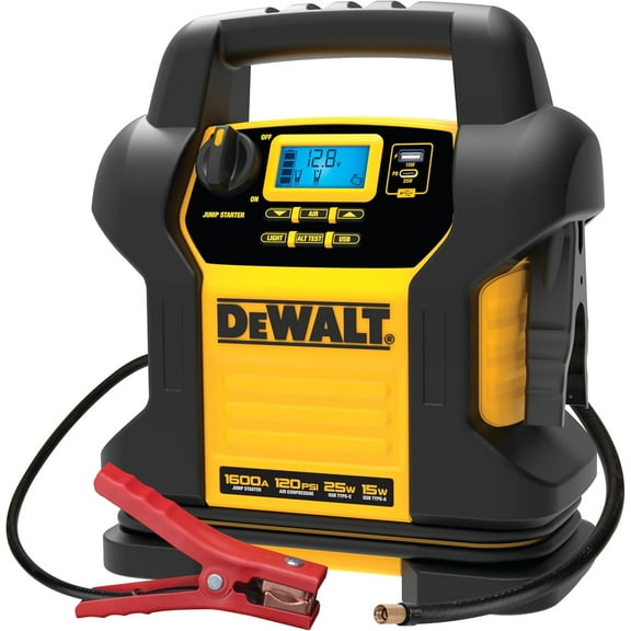 DEWALT DXAEJ14-Type3 Digital Portable Power Station Jump Starter - 1600 Peak Amps with 120 PSI Compressor for Tires, Sports Equipment & Bikes, AC Charging Cube, 15W USB-A and 25W USB-C Power