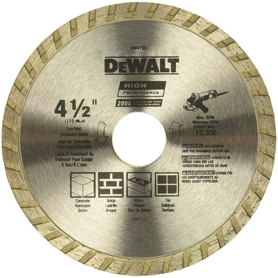 DEWALT DW4725 High Performance 4-1/2-Inch Dry Cutting Continuous Rim Diamond Saw Blade with 7/8-Inch Arbor for Masonry