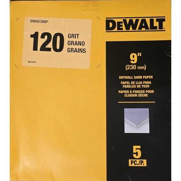 DEWALT Drywall Sandpaper, 9", 5-Pack, 120 Medium Grit, also PVC/Wood (DWAS1205P)