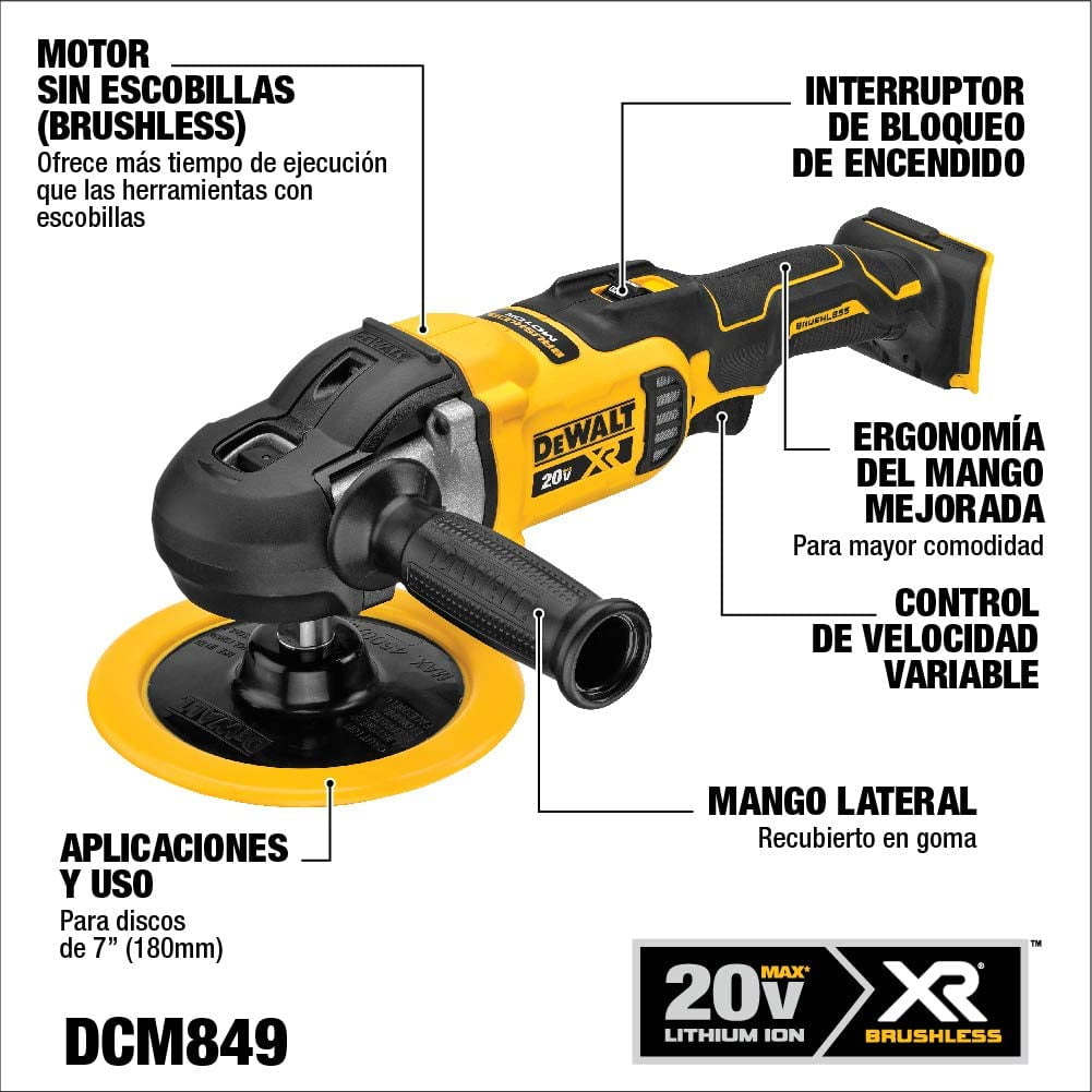 DeWalt DCM849B 20V Max XR 7-Inch Cordless Variable Speed Rotary Polisher Tool