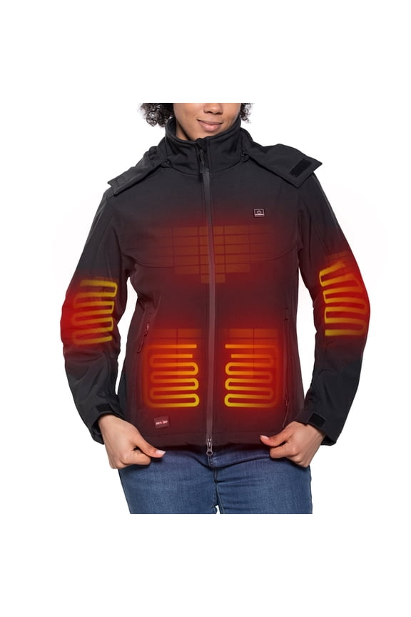 Heated Jacket for Women with Detachable Hood, Soft Shell Heated Coat with 12V Battery Pack, Waterproof Heating Jacket for Winter Outdoor