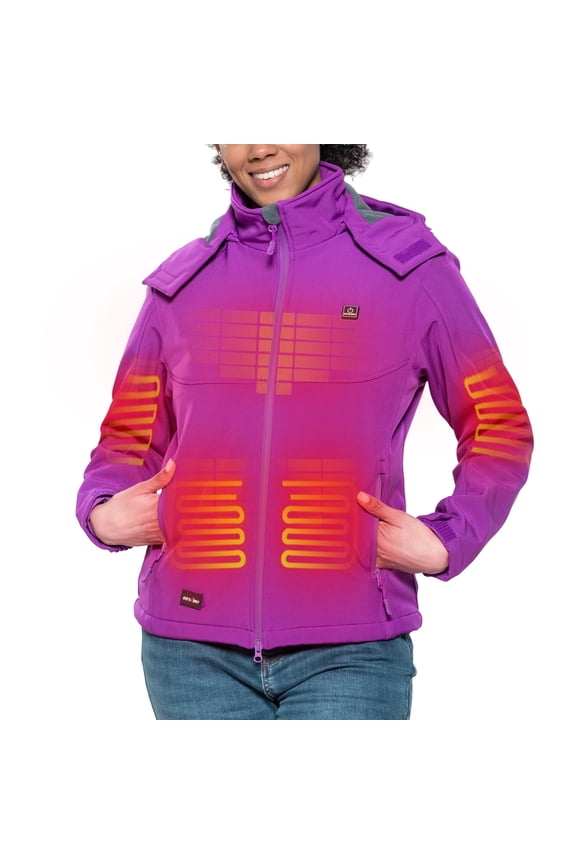Heated Jacket for Women with Detachable Hood, Soft Shell Heated Coat with 12V Battery Pack, Waterproof Heating Jacket for Winter Outdoor