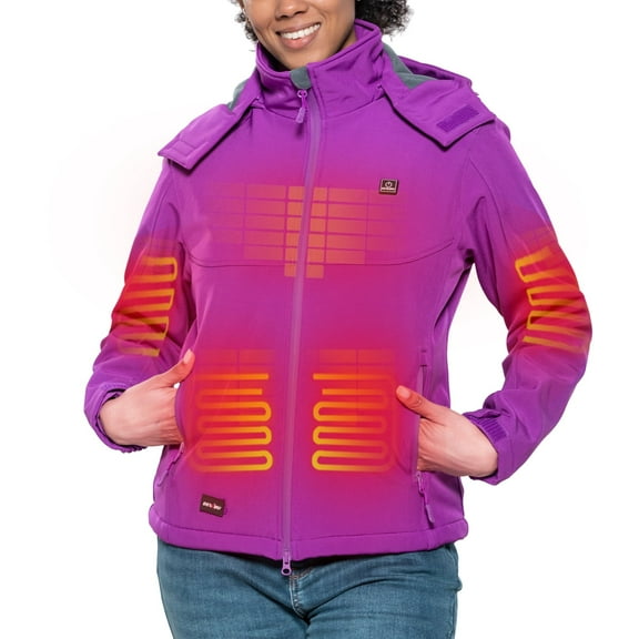 DEWBU Heated Jacket for Women with Detachable Hood, Soft Shell Heated Coat with 12V Battery Pack, Waterproof Heating Jacket for Winter Outdoor